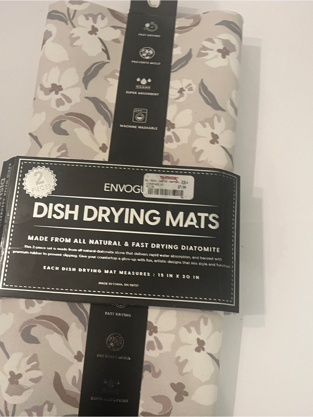 Envogue Set of 2 Floral Dish Drying Mats 15x20 Absorbent Washable